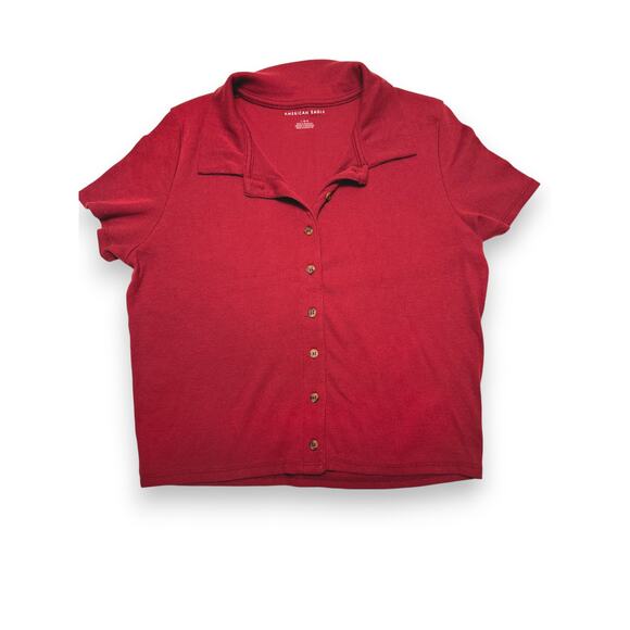 American Eagle Slight Cropped Red Button-Up Shirt Size Large - Picture 1 of 7